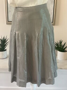 Crinkled Metallic Silk & Cotton Silver Midi Skirt with Pleated Flare.